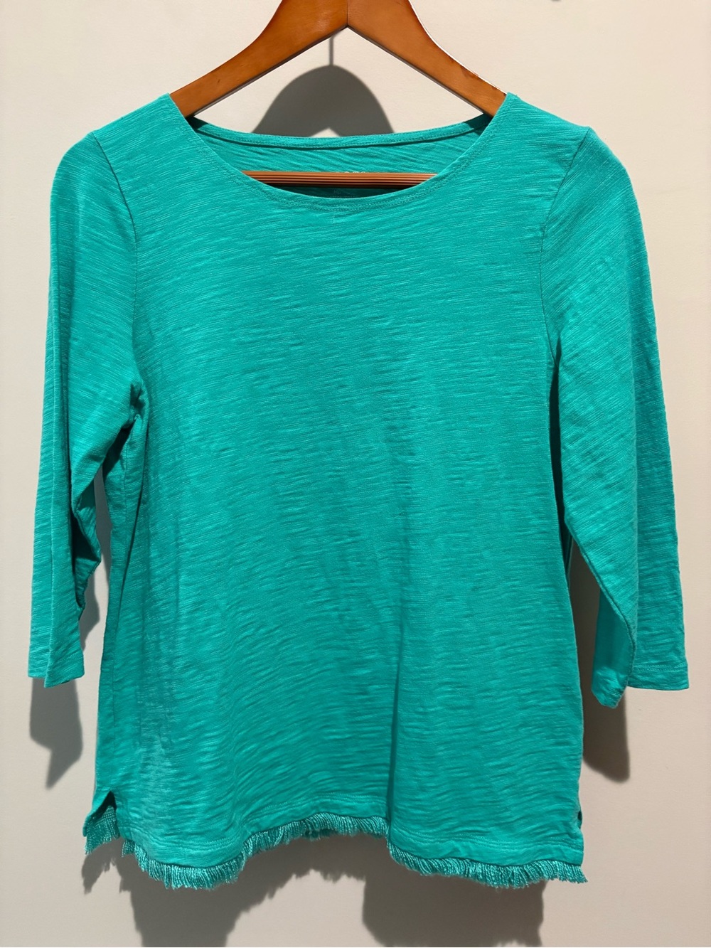 Talbots Women’s Teal Boatneck Fringe Hem Top